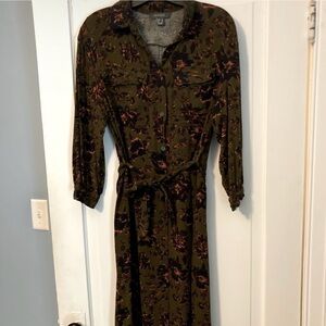 Primark Olive Green Floral Long Sleeve Midi Dress